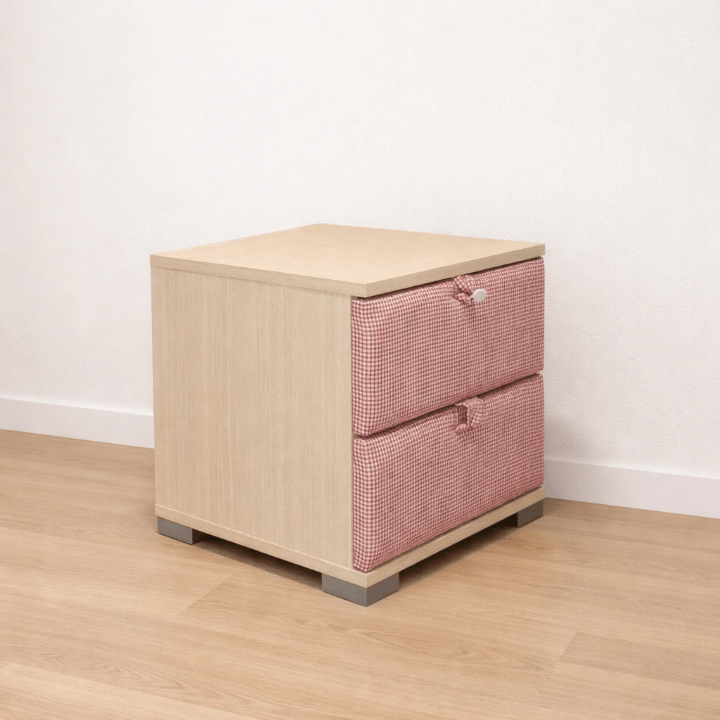 Κομοδίνο_υφασμάτινο_Box-home Κομοδίνο με 2 Υφασμάτινα Συρτάρια σε Ροζ Καρό - Image 1